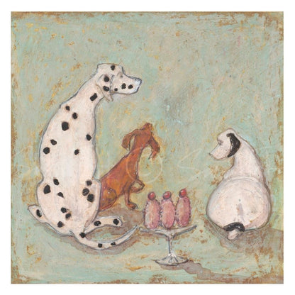 Artistic illustration of three dogs around a table with small cakes on a textured background