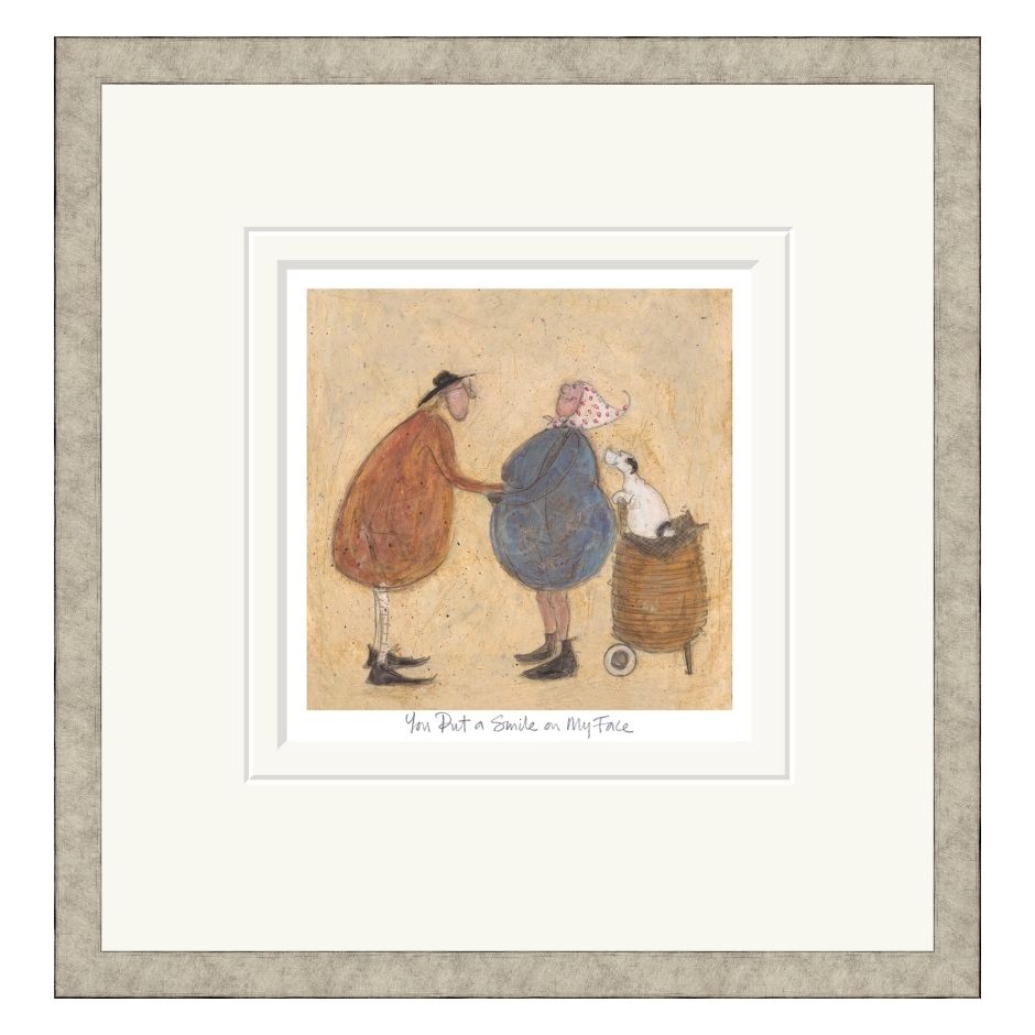 Framed artwork of two people and a dog with text on a textured background
