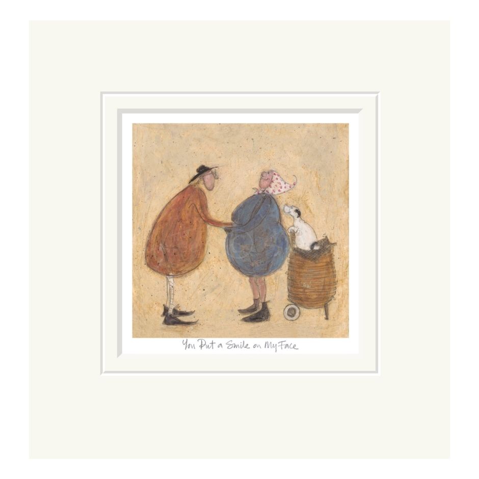 mounted artwork of two people and a dog with text on a beige background