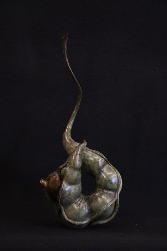 Bronze sculpture wren in pea pod Adam Binder