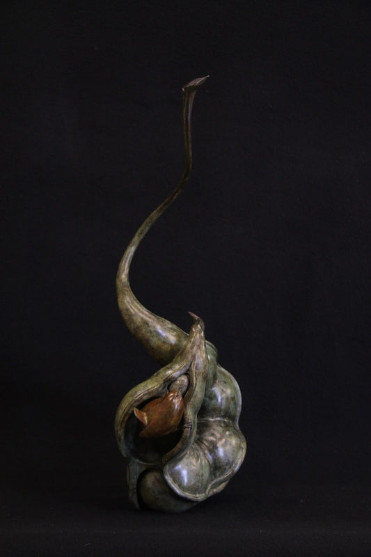 Bronze sculpture wren in pea pod