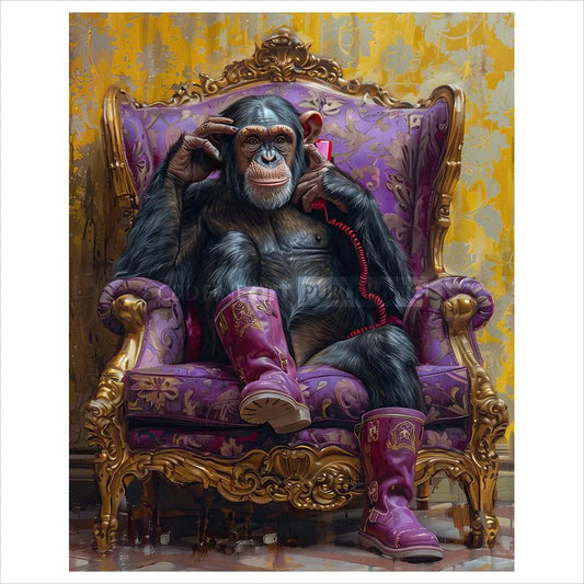 Chimp sitting on a purple throne with gold accents, wearing pink boots.