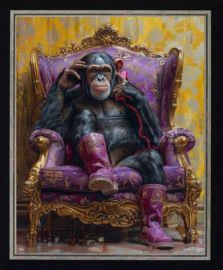 Chimp in a robe and boots sitting on an ornate purple throne with gold accents.
