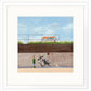 Illustration of a person with a dog and a stroller standing on a concrete ledge with a grassy area and bench in the background.