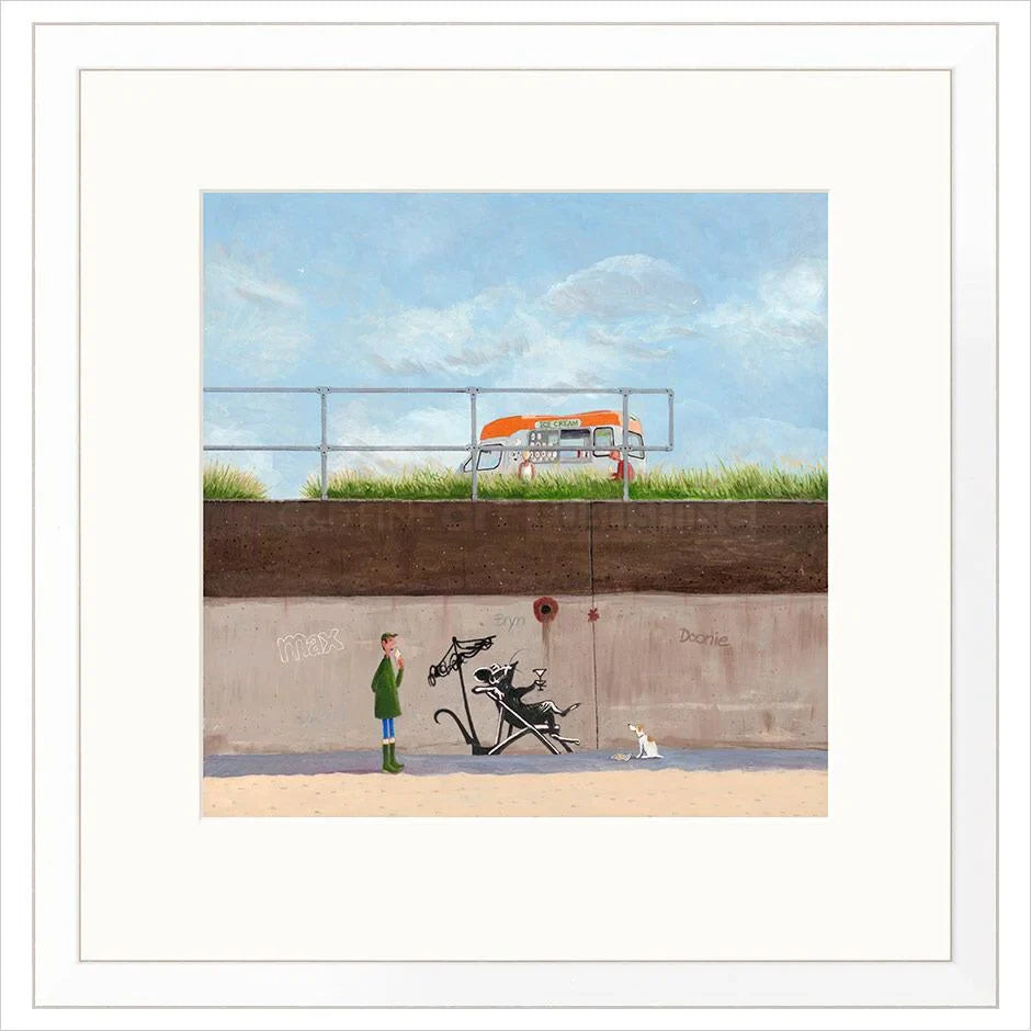Illustration of a person with a dog and a stroller standing on a concrete ledge with a grassy area and bench in the background.