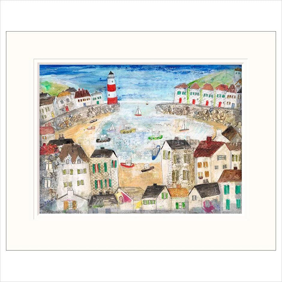 Colorful illustration of a coastal town with houses and a lighthouse.